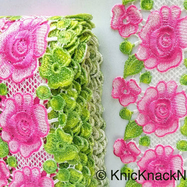 Yellow / Pink, Green and White Embroidered Flower Lace Trim, Approx 80mm wide